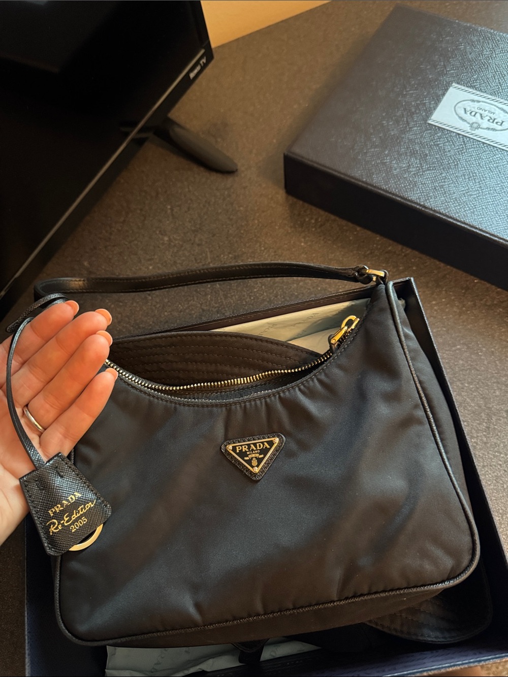 Prada Black Nylon Shoulder Bag with Gold Hardware